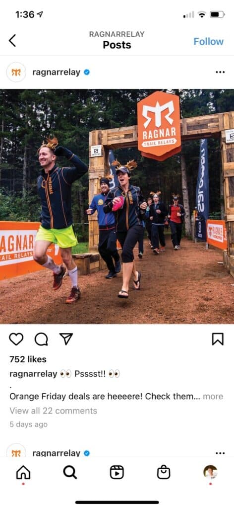 Ragnar Instagram Post relay team crossing finish line - "Psssst!! Orange Friday deals are here! Check them... read more"