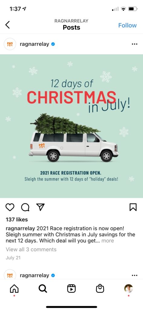 Ragnar Instagram Post - Ragnar Van with Christmas Tree on top 12 days of Christmas in July! 2021 Race Registration Open. Sleigh the summer with 12 days of "holiday" deals! Which deal will you get? Read More