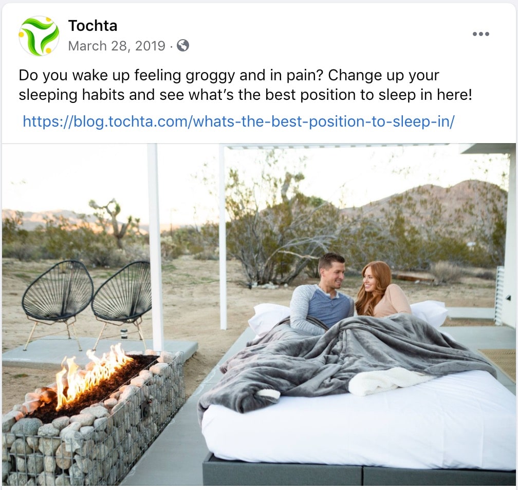 Tochta Facebook Post - "Do you wake up feeling groggy and in pain? Change up your sleeping habits and see what's the best position to sleep in here!"